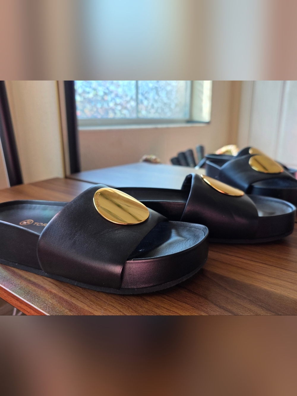 Tory Burch Black Leather Slides with Gold Medallion - Picture 2 of 3